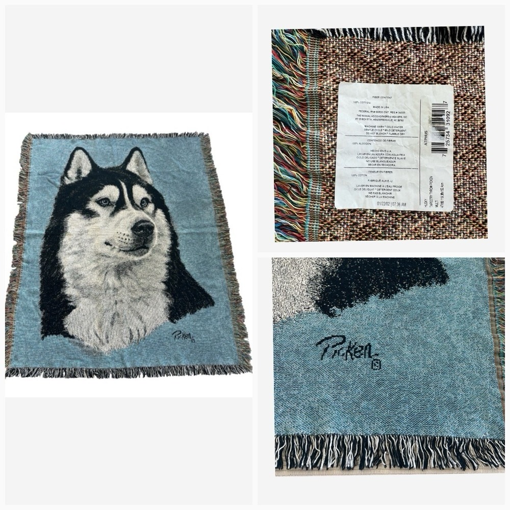 Vtg 2002 Husky Wolf Dog Tapestry Throw Blanket 47x60 USA Picken Deadstock NWT